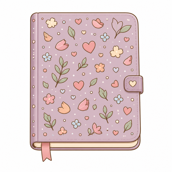 Cuaderno malva decorado con corazones, pétalos, hojas y puntitos.