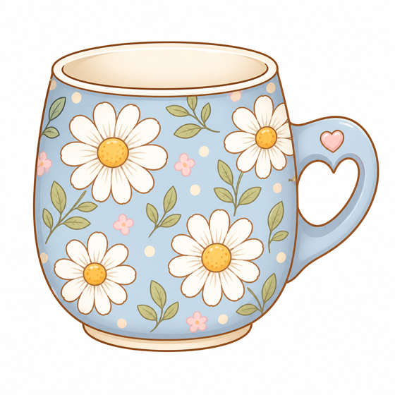 Taza azul pastel decorada con margaritas, hojas y pequeños puntos.