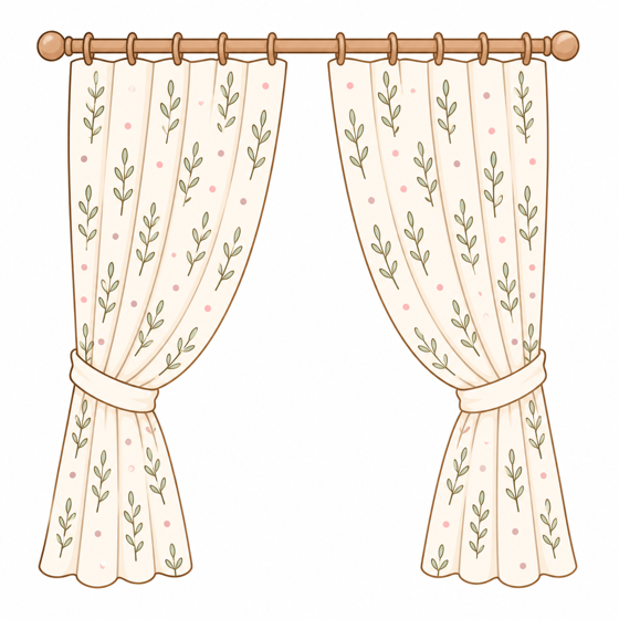 Cortinas claras con un patrón vertical de ramitas, hojas y puntos suaves.