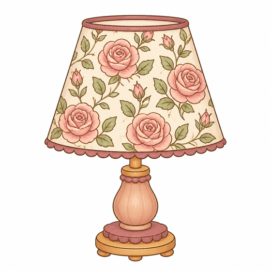 Lámpara con pantalla decorada con rositas, capullos y hojas verdes.