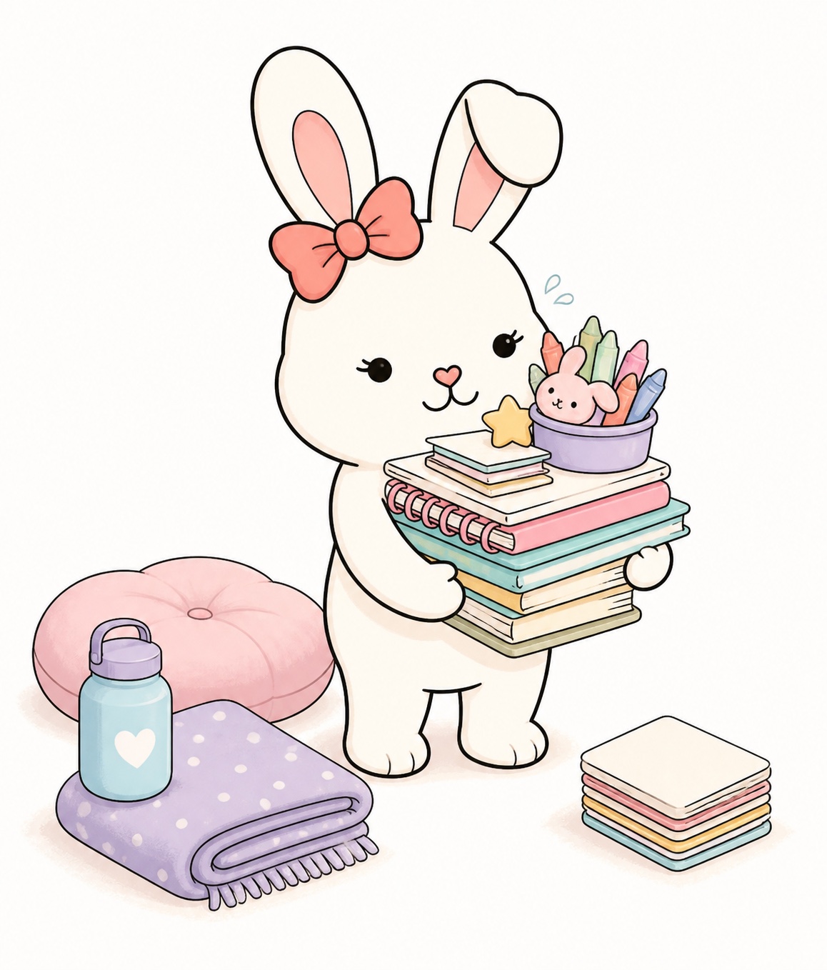 Bunny Blummy carrying too many activity items while needing a rest