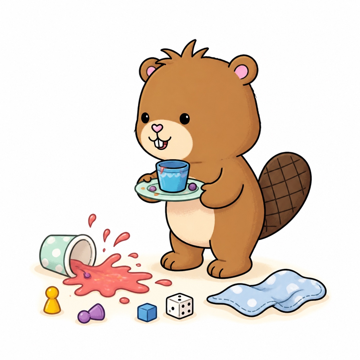 Buster Beaver smiling after a harmless little spill