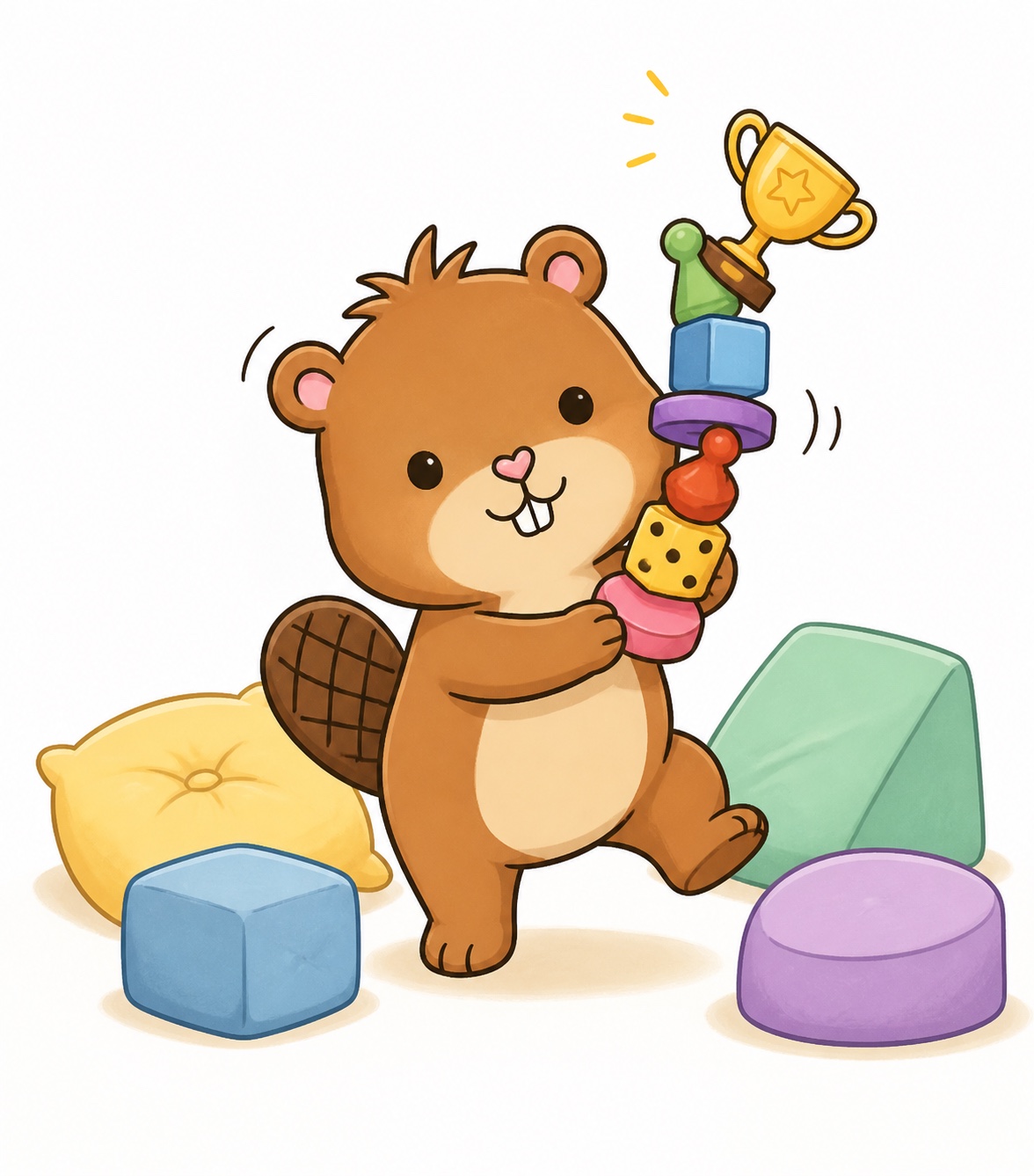 Buster Beaver confidently balancing too many game pieces