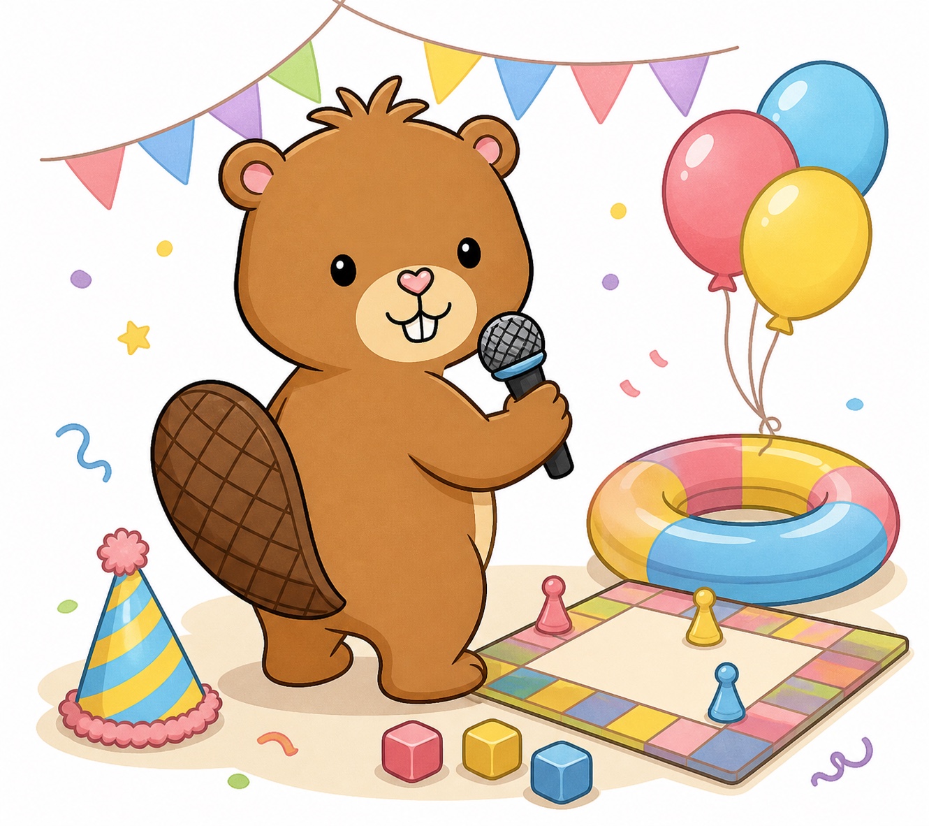 Buster Beaver with karaoke, games and party decorations