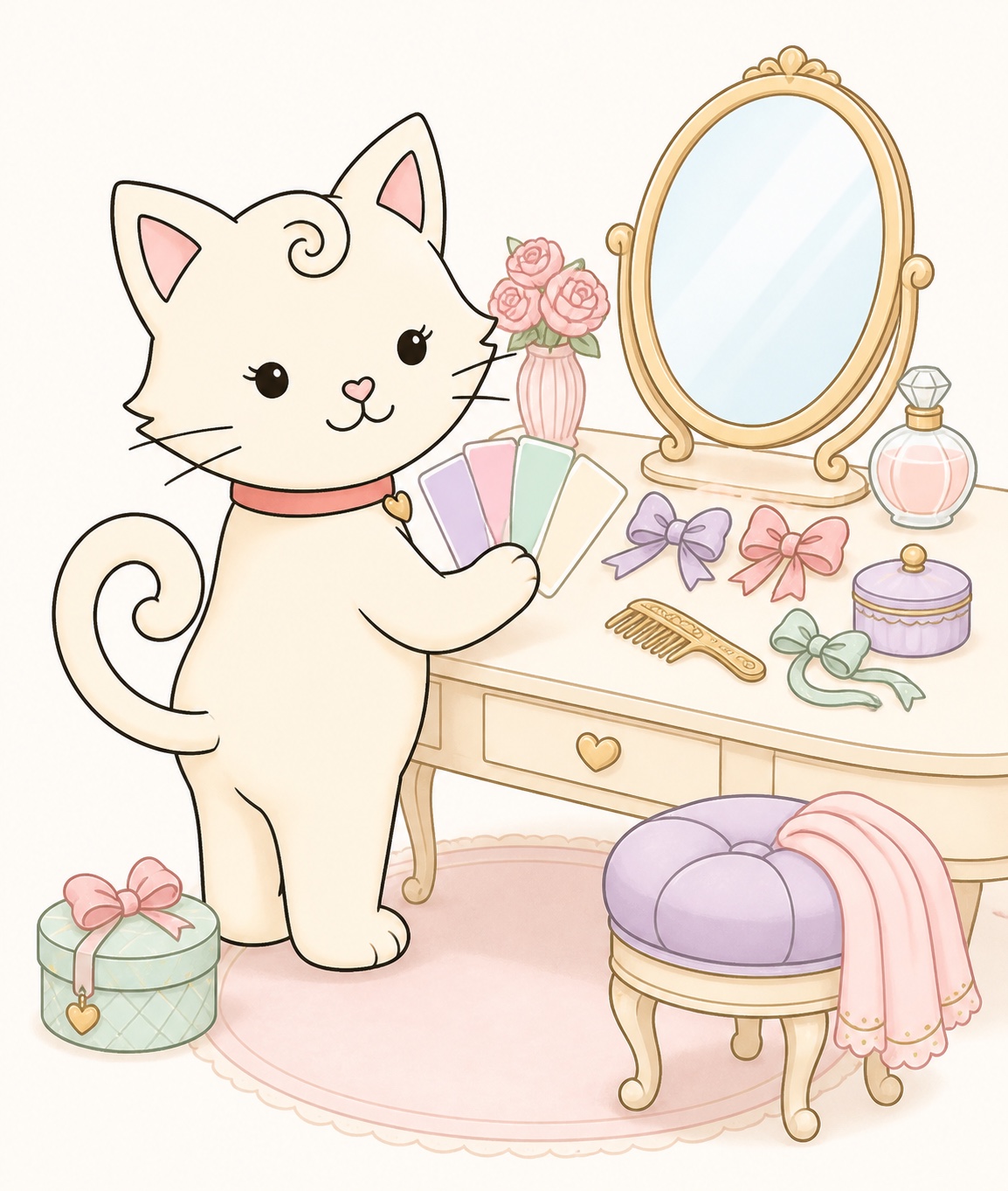 Cleo Cat choosing color swatches at an elegant vanity