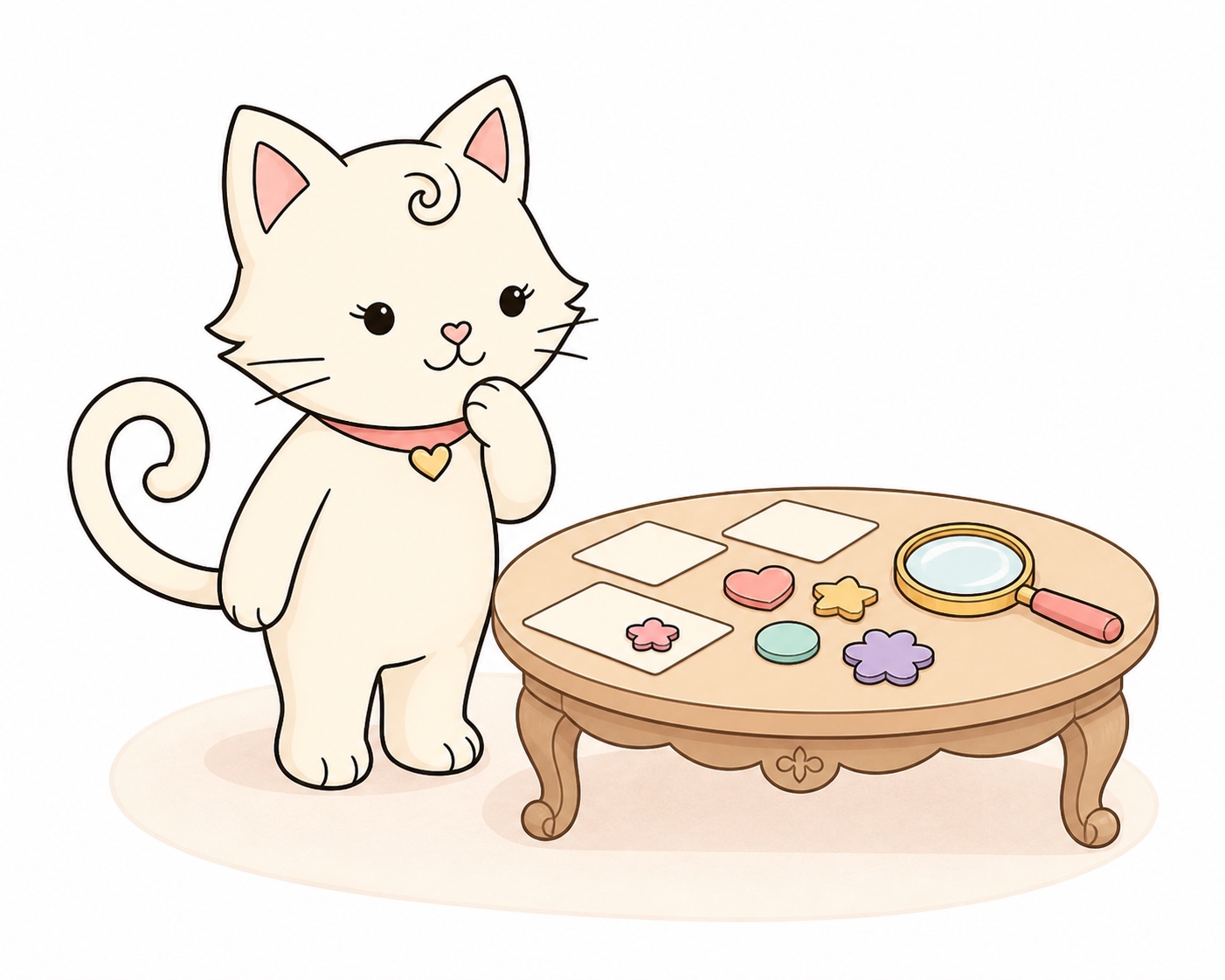 Cleo Cat calmly observing details on a table