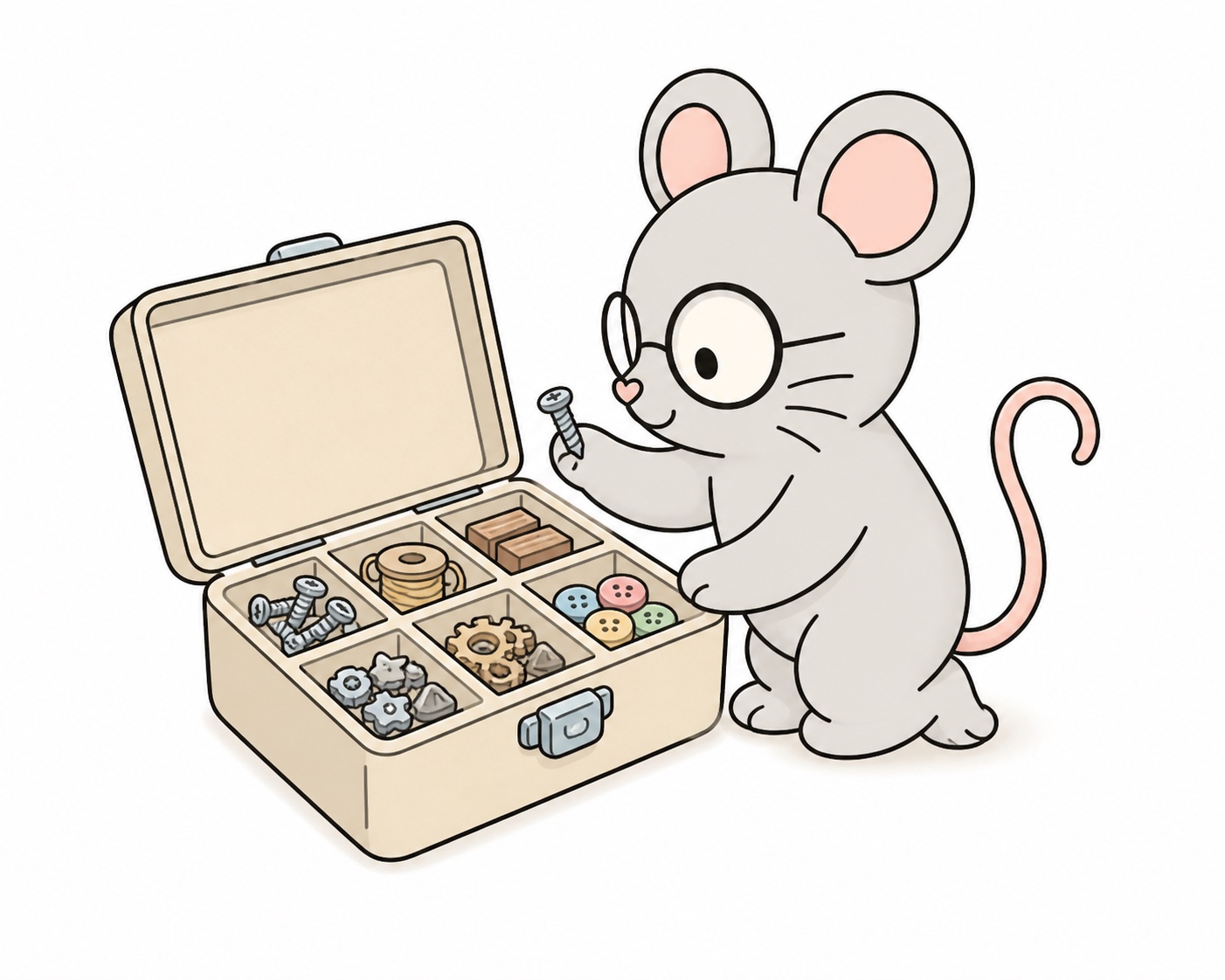Danton Mouse sorting useful little objects in a box