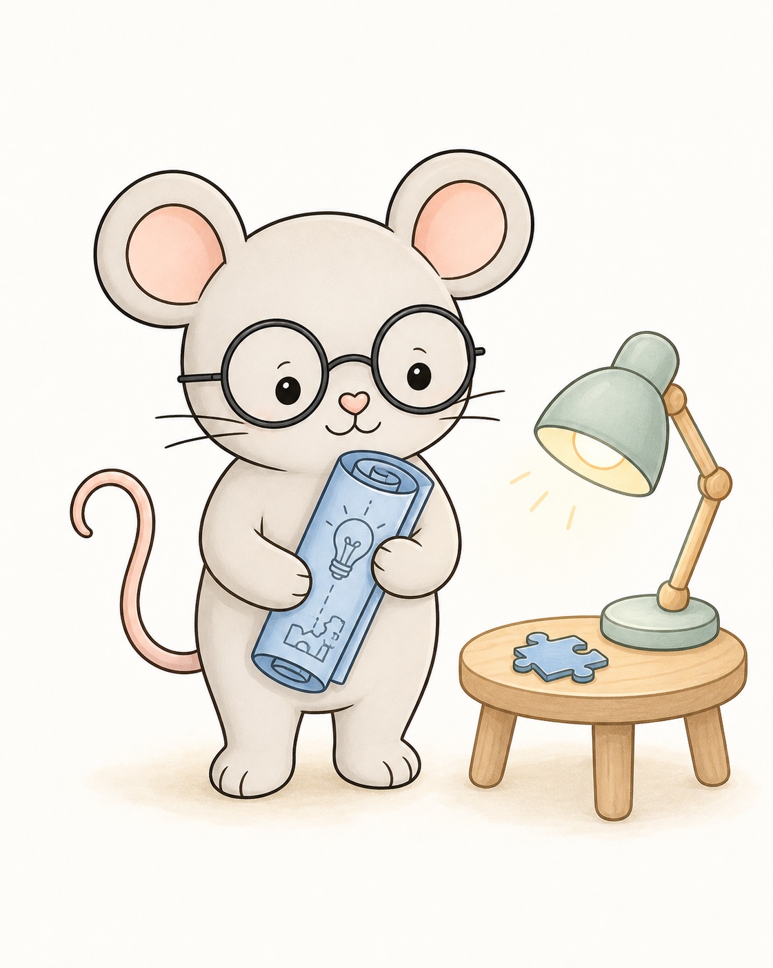 Danton Mouse holding a rolled idea sketch