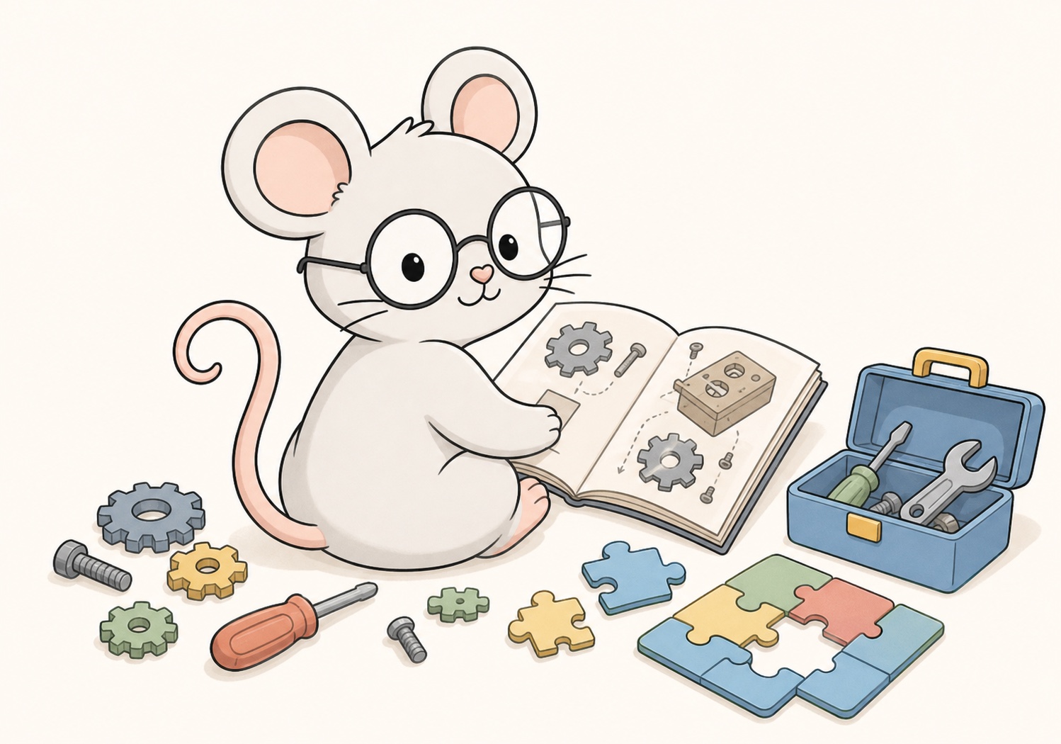 Danton Mouse reading a manual with puzzles and tools