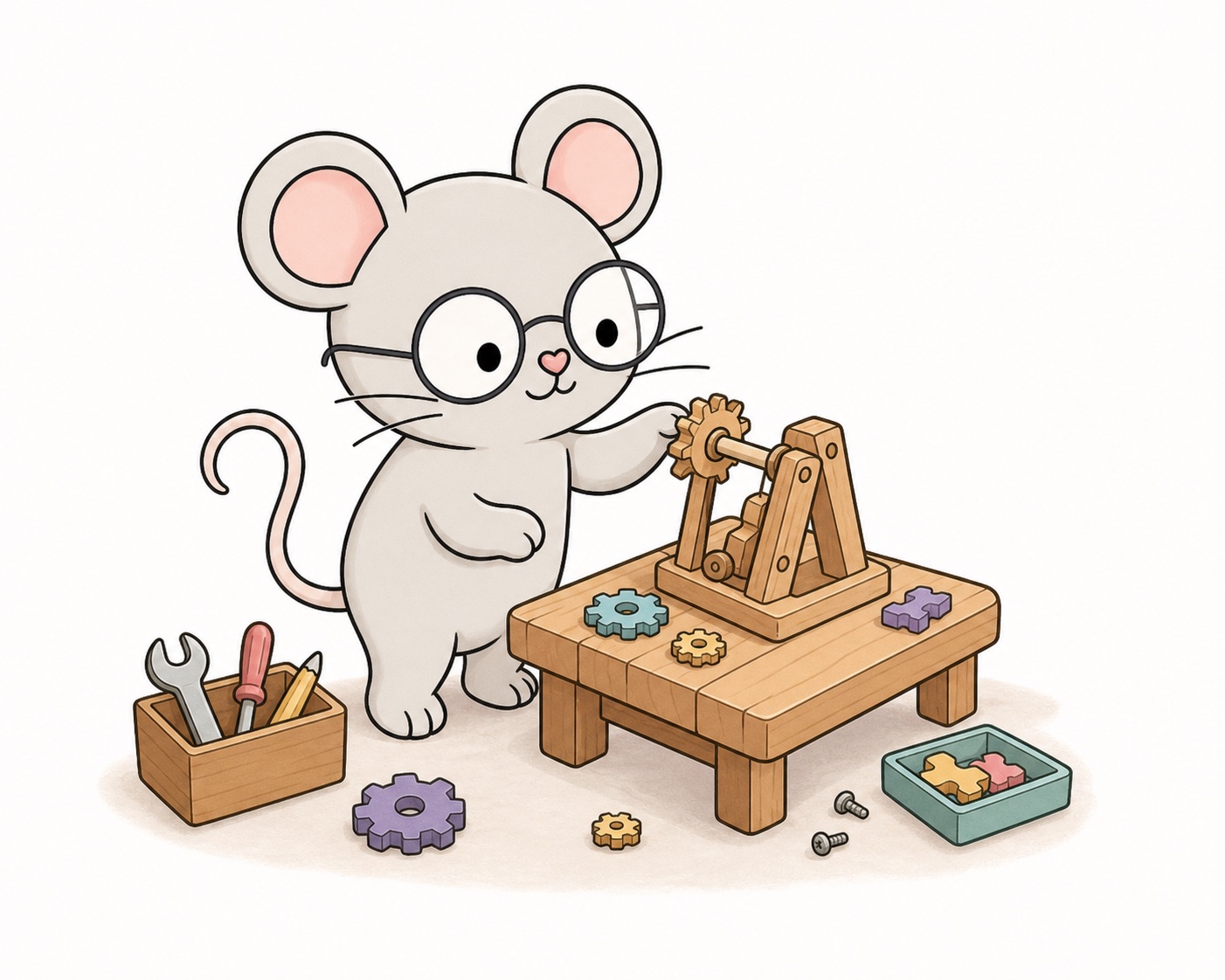 Danton Mouse testing a small wooden mechanism