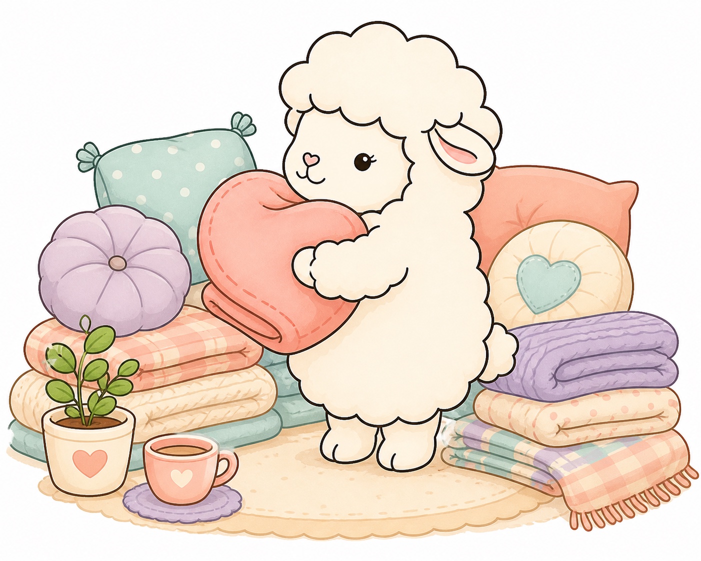 Lena Sheep hugging a heart cushion among blankets and pillows