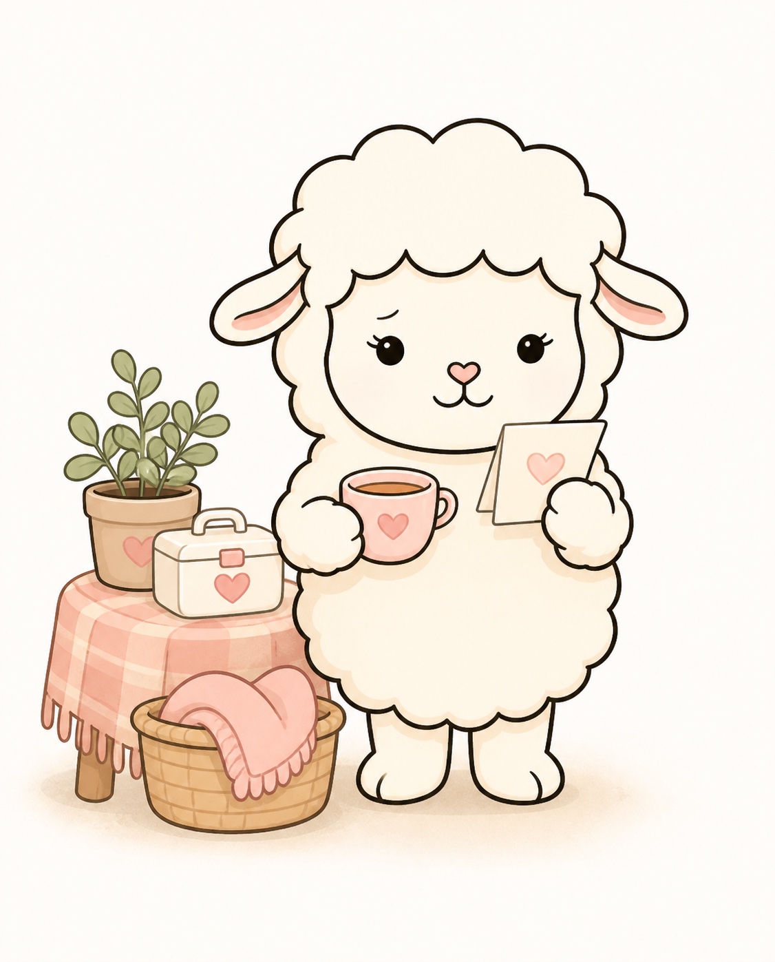 Lena Sheep gently worrying while holding tea and a note