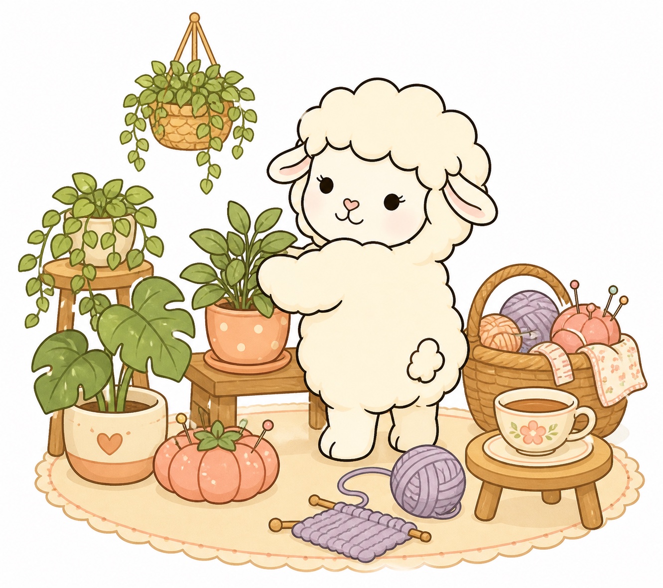 Lena Sheep with plants, knitting, sewing and tea
