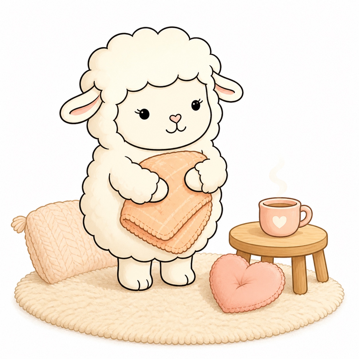 Lena Sheep holding a warm blanket in a calm cozy corner