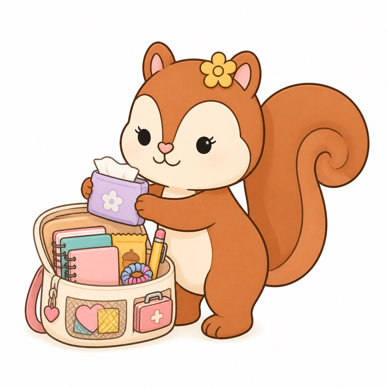 Mabel Squirrel opening a bag full of useful little things