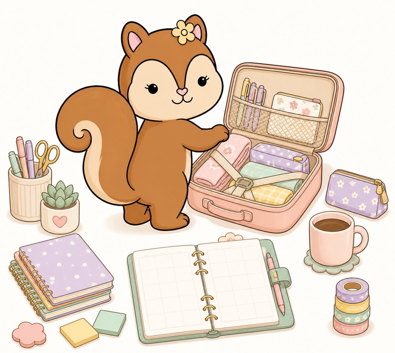 Mabel Squirrel packing neatly with planners, stationery and coffee