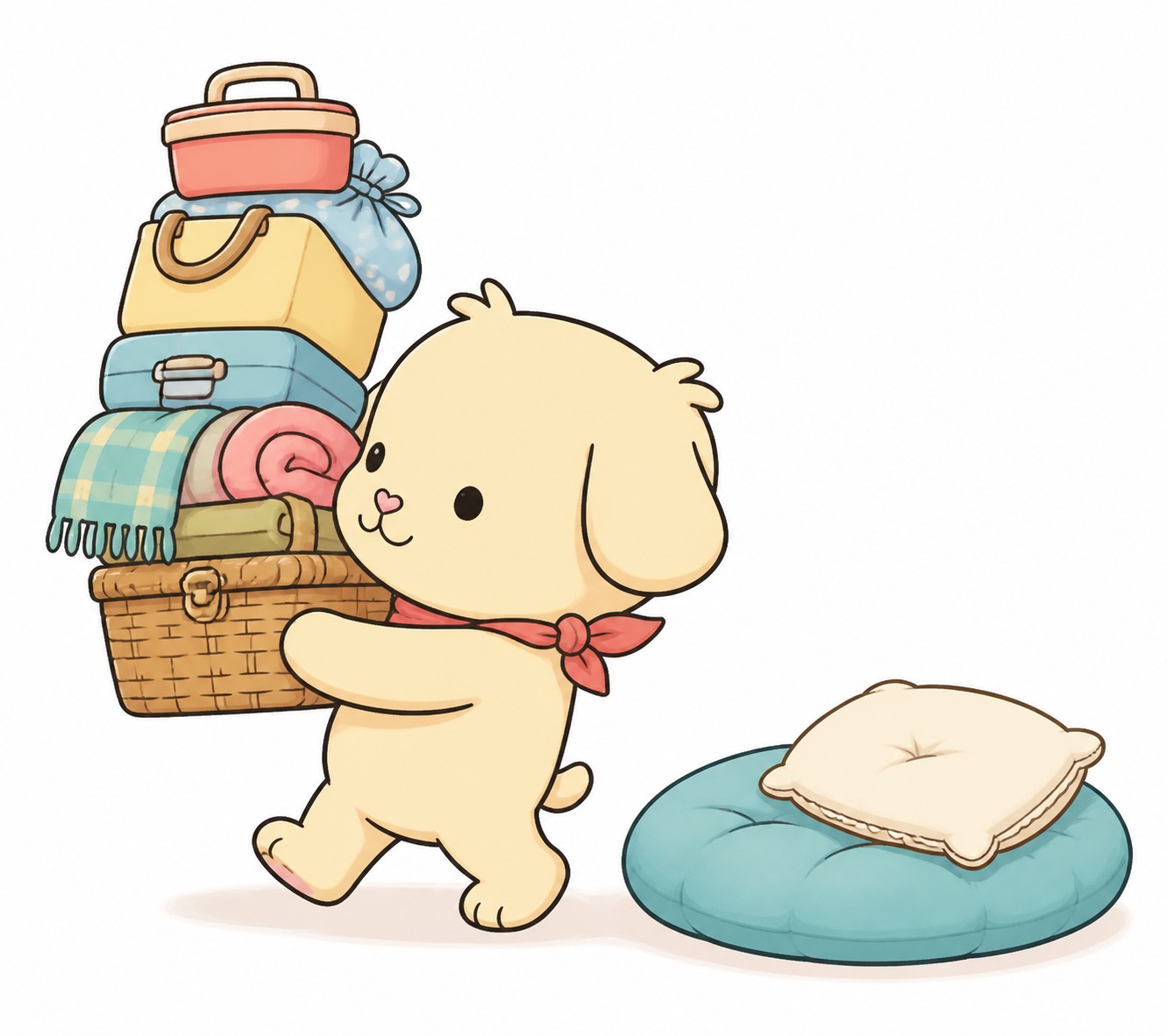 Ollie Dog carrying a tall stack of picnic things