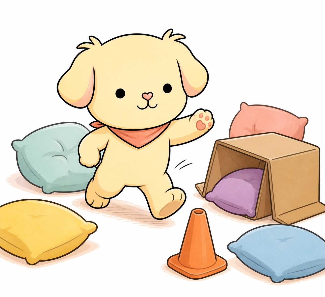 Ollie Dog rushing into a soft obstacle course