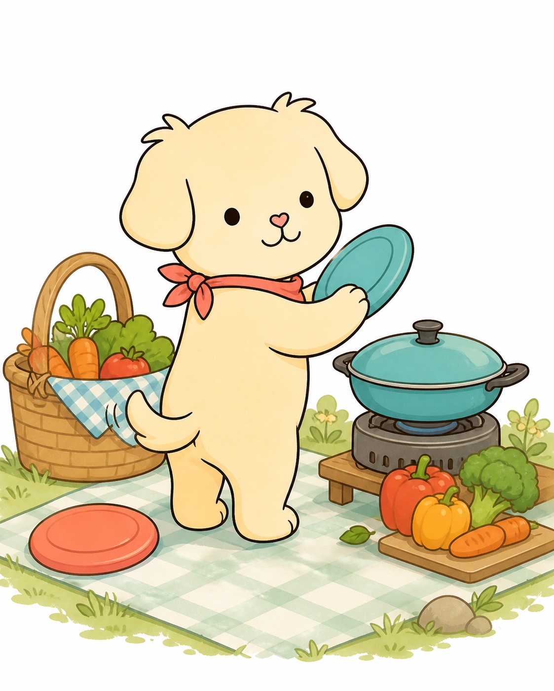 Ollie Dog with a frisbee and outdoor cooking setup
