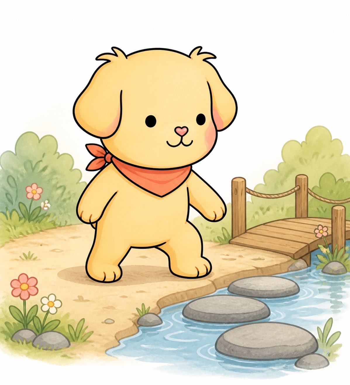 Ollie Dog bravely going first across stepping stones